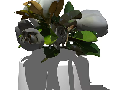 Minimalist White Vase With White Flowers And Green Leaves For Home Decor 3d model