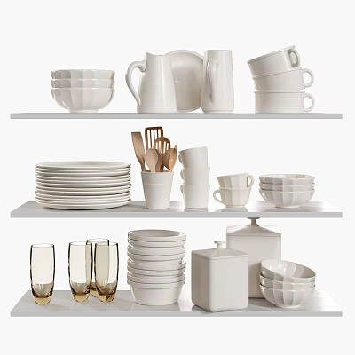 Stylish White Dinnerware Collection With Bowls Plates Mugs Pitcher And Glassware On Shelves 3d model