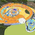 Outdoor Children's Play Area With Curved Slides Climbing Structures And Colorful Circular Design