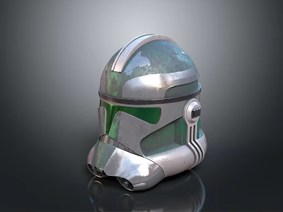 Futuristic Metallic Helmet Design With Green Tinted Visor And Silver Accents 3d model