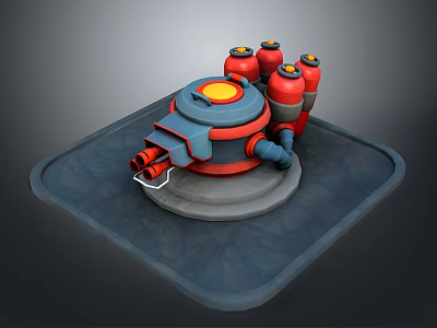 Futuristic Weapon Turret With Red Cylindrical Components And Yellow Circular Top On Square Platform 3d model