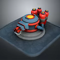 Futuristic Weapon Turret With Red Cylindrical Components And Yellow Circular Top On Square Platform