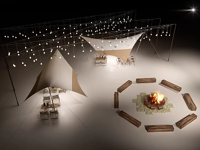 Cozy Camping Campground With Canvas Tents String Lights And Fire Pit Seating 3d model