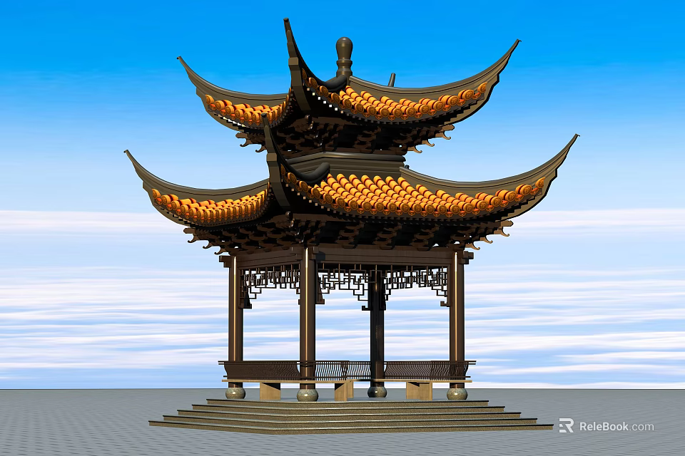 Traditional Chinese Pavilion With Multi Tiered Overhanging Roof And Wooden Carved Structure 3d model 