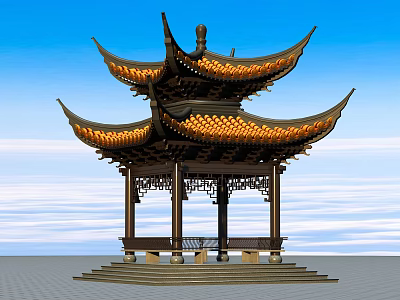 Traditional Chinese Pavilion With Multi Tiered Overhanging Roof And Wooden Carved Structure 3d model