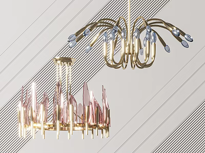 Artistic Modern Chandelier With Brass Frame Transparent Glass And Pink Accents 3d model