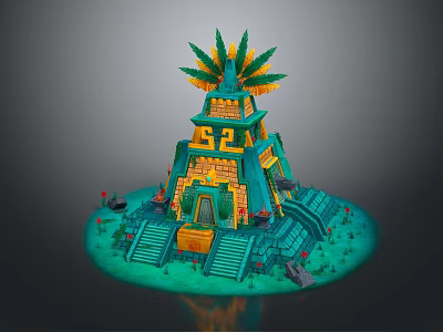 Cartoon Style Pyramid Scene With Green Yellow Colors Palm Like Leaves Steps And Red Flowers 3d model