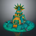 Cartoon Style Pyramid Scene With Green Yellow Colors Palm Like Leaves Steps And Red Flowers