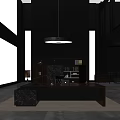 Modern Office Desk With Wooden Top Bookshelf Decor Pendant Lighting Gray Walls And Natural Light