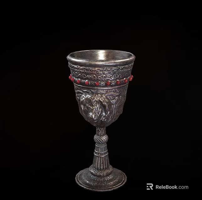 Vintage Silver Cup With Intricate Carvings Red Beads And Twisted Stem 3d model 