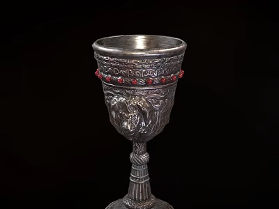 Vintage Silver Cup With Intricate Carvings Red Beads And Twisted Stem 3d model