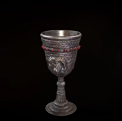 Vintage Silver Cup With Intricate Carvings Red Beads And Twisted Stem 3d model