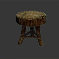 Rustic Wooden Stool With Round Textured Top And Three Sturdy Legs 3d model
