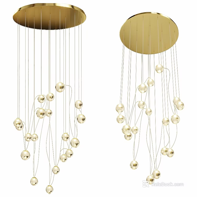 Modern Elegant Gold Ceiling Light With Round Base And Spherical Decorations On Metal Wires 3d model 