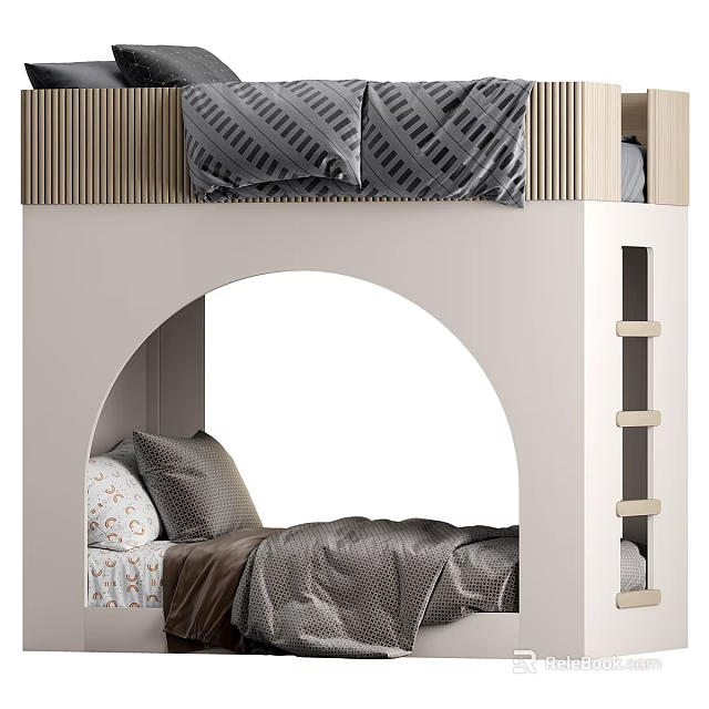Modern Bunk Bed With Gray Patterned Pillows Brown White Mattress Wooden Frame And White Ladder 3d model 