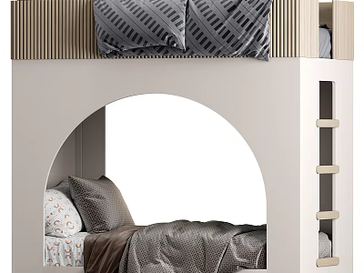 Modern Bunk Bed With Gray Patterned Pillows Brown White Mattress Wooden Frame And White Ladder 3d model