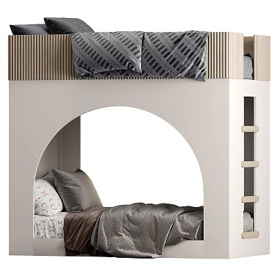 Modern Bunk Bed With Gray Patterned Pillows Brown White Mattress Wooden Frame And White Ladder 3d model