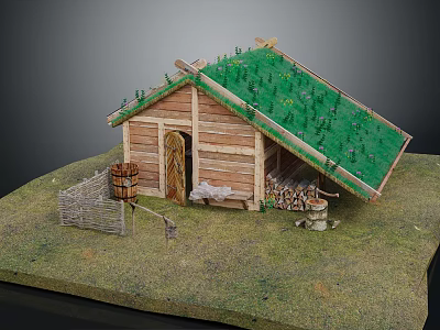 Traditional Wooden House With Green Grass Roof Wooden Door Firewood Stack Fence And Barrel 3d model