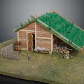 Traditional Wooden House With Green Grass Roof Wooden Door Firewood Stack Fence And Barrel