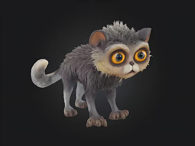 Cute Animated Cat Character With Big Eyes Gray Fluffy Fur And Curly Tail 3d model