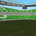 Modern Sports Stadium Design With Football Field Green Turf And Spectator Seats
