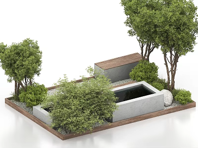 Contemporary Tree Pit Design With Green Trees Shrubs Stone Structure And Wooden Border 3d model