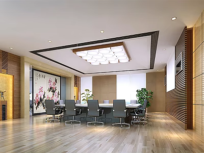 Modern Meeting Room Interior Design With Wooden Floors Conference Table Chairs And Decorative Painting 3d model