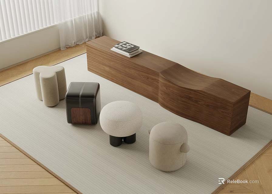 Wooden and Upholstered Stools in Neutral Tones and Black on Woven Room Rug 3d model 