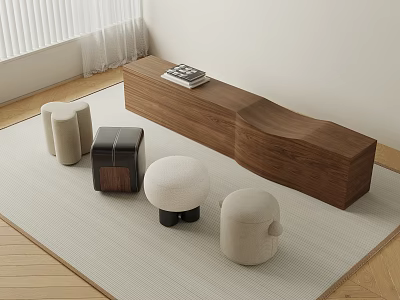 Wooden and Upholstered Stools in Neutral Tones and Black on Woven Room Rug 3d model
