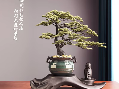 Elegant Pine Bonsai in Green Ceramic Pot with Black Decorative Stand and Small Buddha Statue 3d model