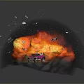 Pink Truck Emitting Large Orange Red Flames With Flying Debris On Dark Background