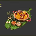 Delicious Spicy Stew Served On Green Leaf With Fresh Herbs And Side Sauce