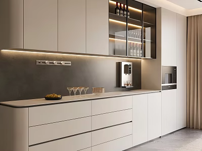 Modern Luxury White Sideboard With Embedded LED Light Glass Wine Cabinet And Built In Appliances 3d model