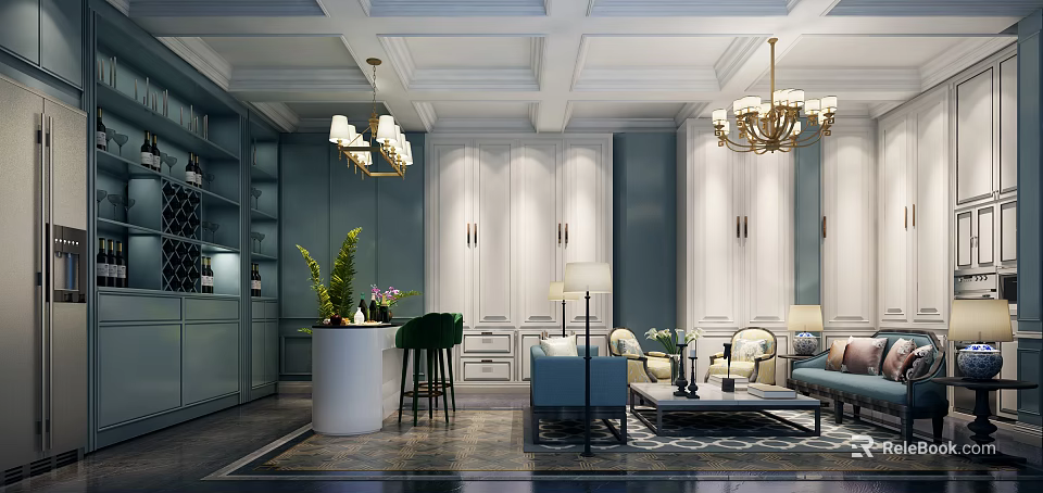 Elegant Modern Bar Area with Blue Walls White Bar Counter Green Chairs and Chandeliers 3d model 