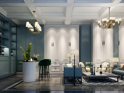 Elegant Modern Bar Area with Blue Walls White Bar Counter Green Chairs and Chandeliers 3d model