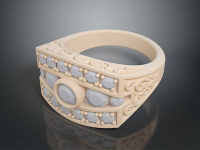 Beige Ornate Ring With Circular And Square Gemstones And Carved Patterns 3d model
