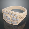 Beige Ornate Ring With Circular And Square Gemstones And Carved Patterns