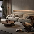 Modern Living Dining Room Interior With Gray Wall Beige Sofa Wooden Coffee Table And Floor Lamp