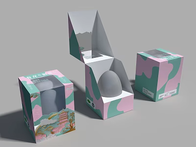 Stylish Packaging Boxes With Pink Green Camouflage And Open Egg Shaped Item 3d model