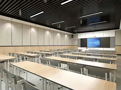 School Classroom Interior Design With Rows Of Desks Chairs And Projection Screen 3d model