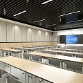School Classroom Interior Design With Rows Of Desks Chairs And Projection Screen