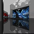 Modern Exhibition Space with White Geometric Walls Display Stand Screens Globe and Blue Lighting
