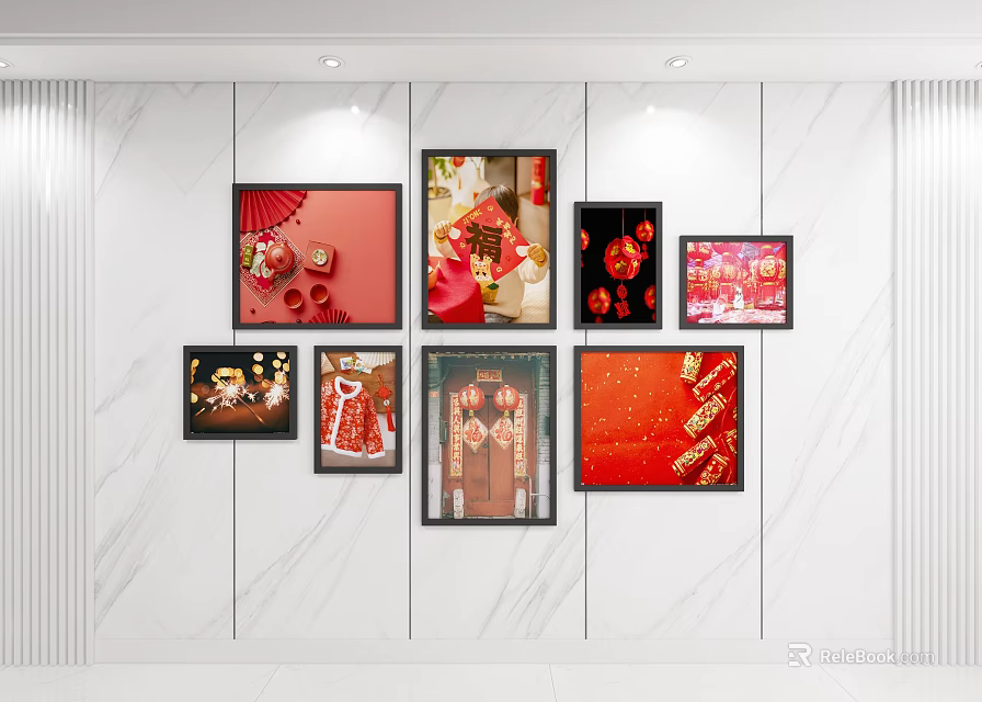 Red Theme Photo Wall With Traditional Chinese Decorations And Framed Pictures On White Marble 3d model 
