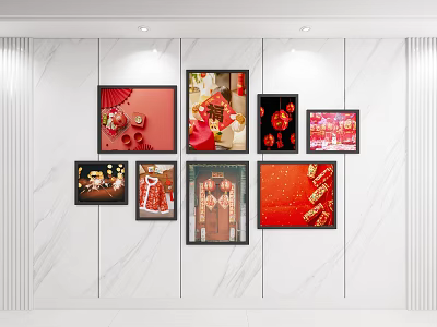 Red Theme Photo Wall With Traditional Chinese Decorations And Framed Pictures On White Marble 3d model