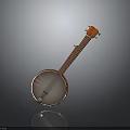 Acoustic Banjo With Round Wooden Body And Metal Strings On Dark Background With Reflection