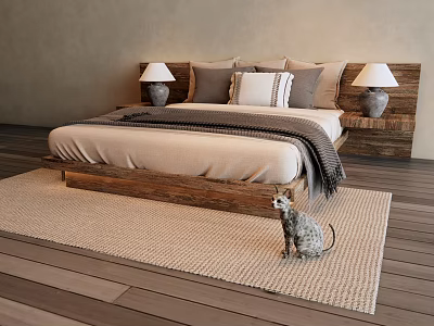 Cozy Double Bed With Wooden Nightstands Table Lamps Pillows And Cat On Rug 3d model