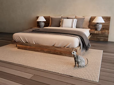 Cozy Double Bed With Wooden Nightstands Table Lamps Pillows And Cat On Rug 3d model