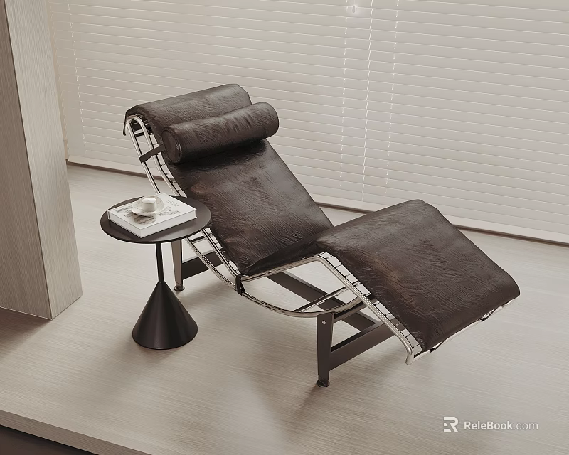 Brown Leather Recliner Chair With Small Round Side Table And Cup On Light Wooden Floor 3d model 