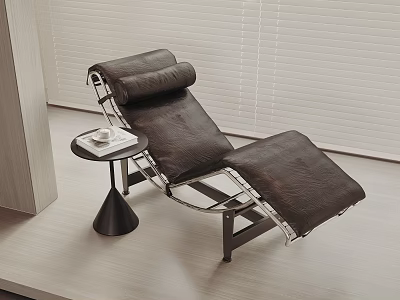 Brown Leather Recliner Chair With Small Round Side Table And Cup On Light Wooden Floor 3d model