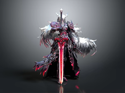 Mythical Warrior In Ornate Armor With Red Sword And Feathered Wings 3d model